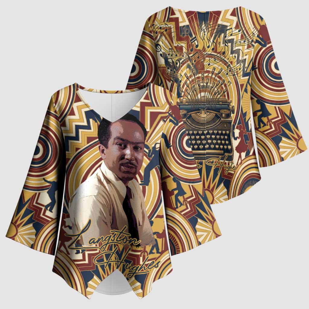 Langston Hughes Kimono Sleeve Blouse Vibrant Jazz Age Pattern - Typewriter and Silhouettes Celebration of Harlem Renaissance - African Pride