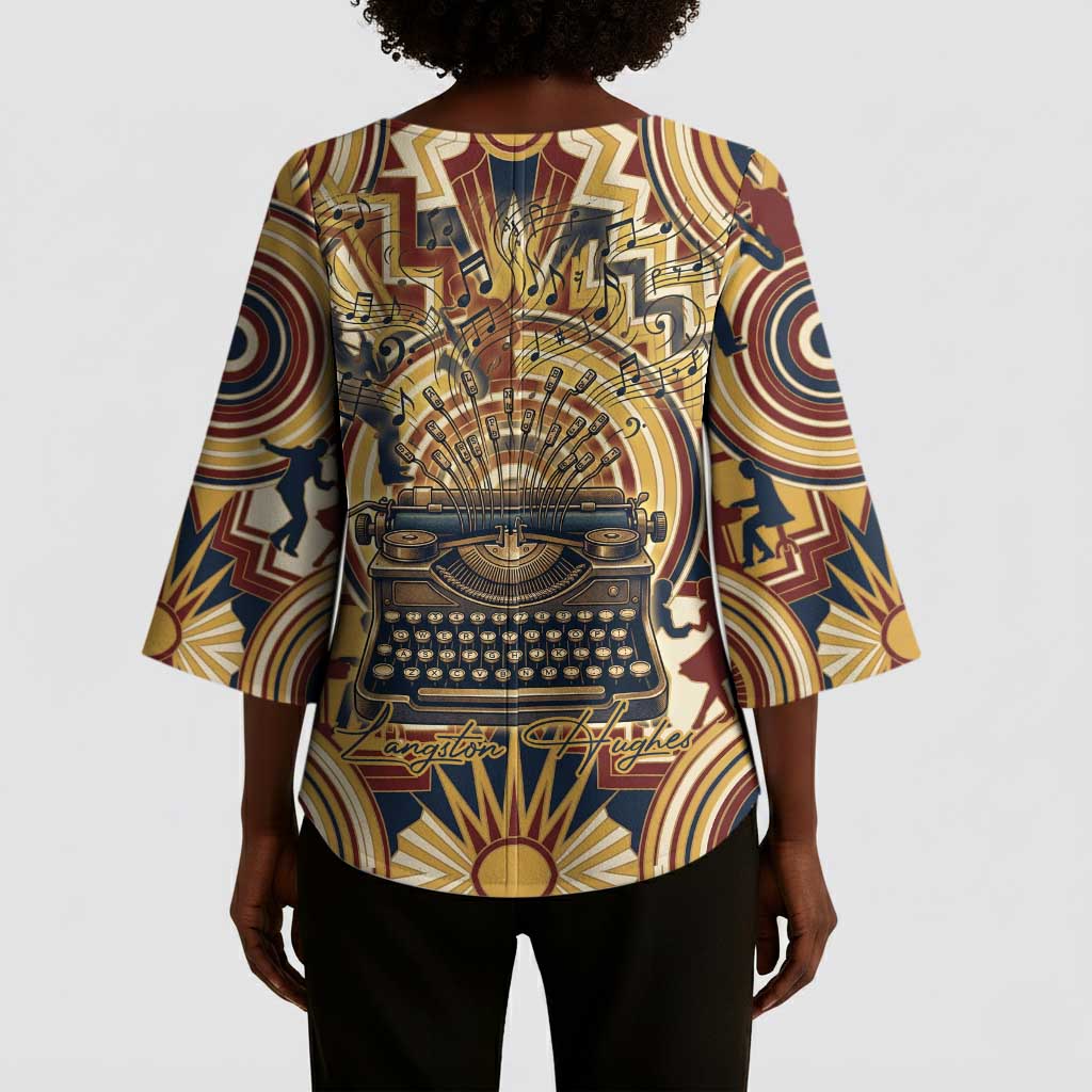 Langston Hughes Kimono Sleeve Blouse Vibrant Jazz Age Pattern - Typewriter and Silhouettes Celebration of Harlem Renaissance - African Pride