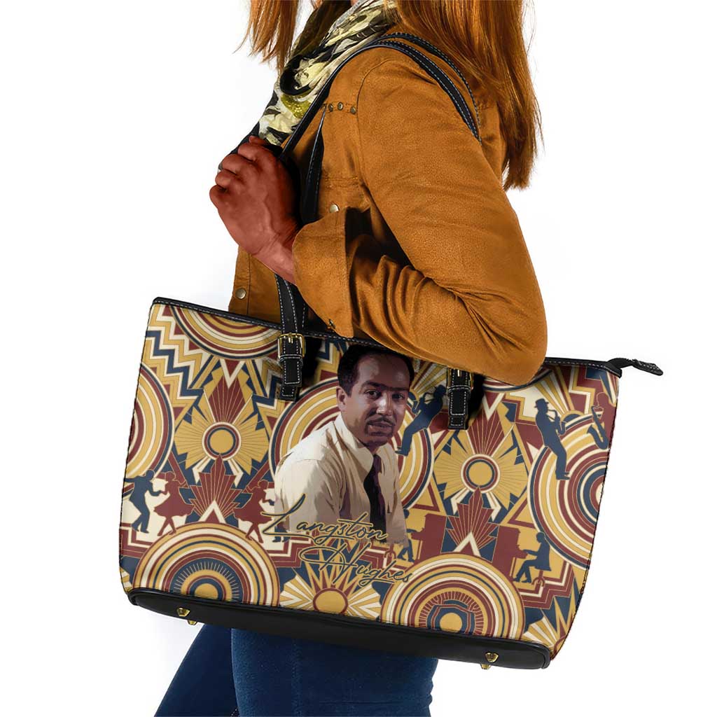 Langston Hughes Leather Tote Bag Vibrant Jazz Age Pattern - Typewriter and Silhouettes Celebration of Harlem Renaissance - African Pride