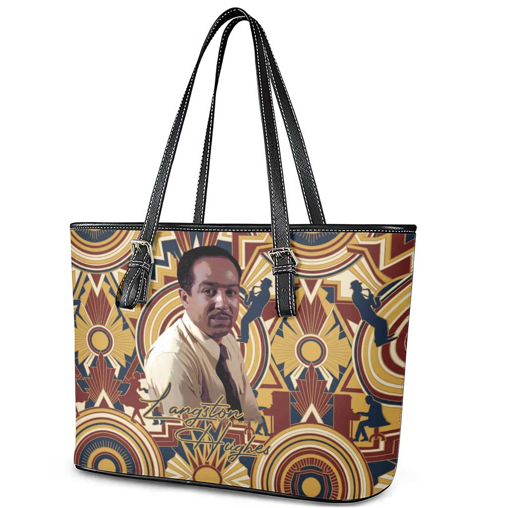 Langston Hughes Leather Tote Bag Vibrant Jazz Age Pattern - Typewriter and Silhouettes Celebration of Harlem Renaissance - African Pride