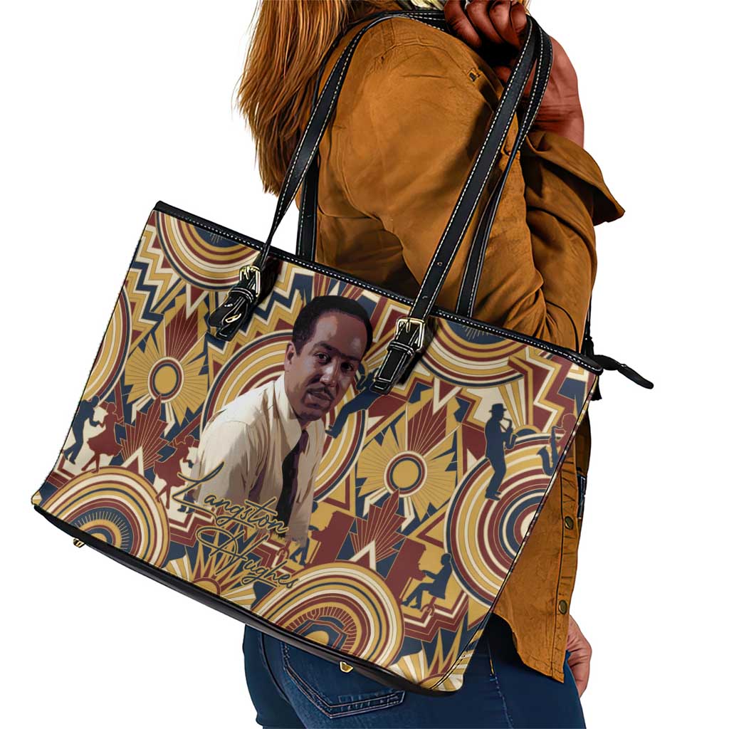 Langston Hughes Leather Tote Bag Vibrant Jazz Age Pattern - Typewriter and Silhouettes Celebration of Harlem Renaissance - African Pride