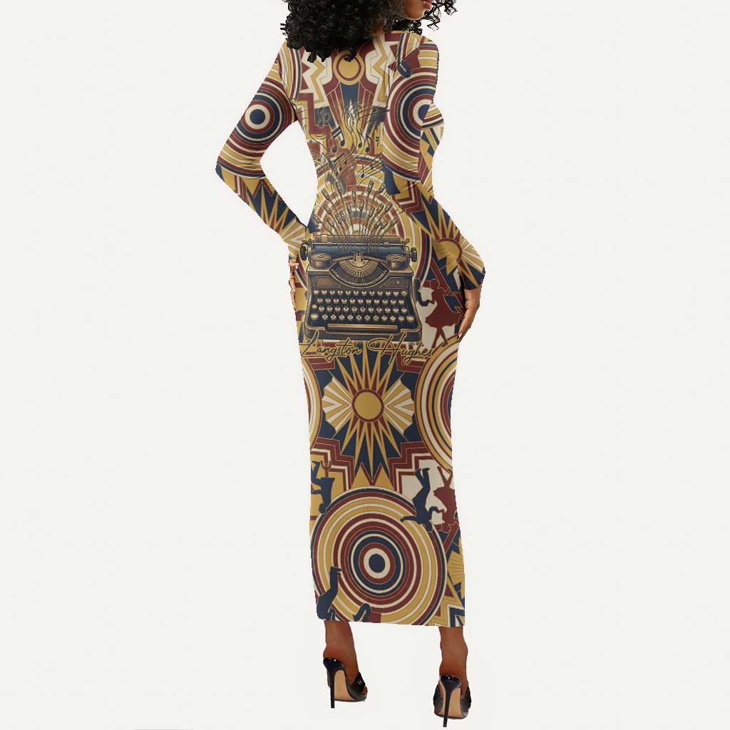 Langston Hughes Long Sleeve Bodycon Dress Vibrant Jazz Age Pattern - Typewriter and Silhouettes Celebration of Harlem Renaissance - African Pride
