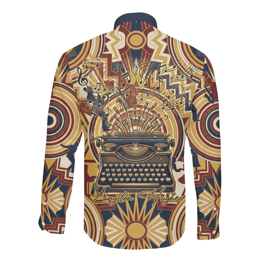 Langston Hughes Long Sleeve Button Shirt Vibrant Jazz Age Pattern - Typewriter and Silhouettes Celebration of Harlem Renaissance - African Pride