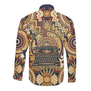 Langston Hughes Long Sleeve Button Shirt Vibrant Jazz Age Pattern - Typewriter and Silhouettes Celebration of Harlem Renaissance - African Pride