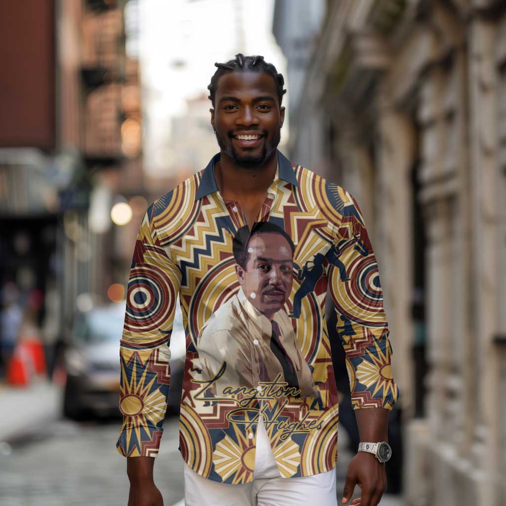 Langston Hughes Long Sleeve Button Shirt Vibrant Jazz Age Pattern - Typewriter and Silhouettes Celebration of Harlem Renaissance - African Pride