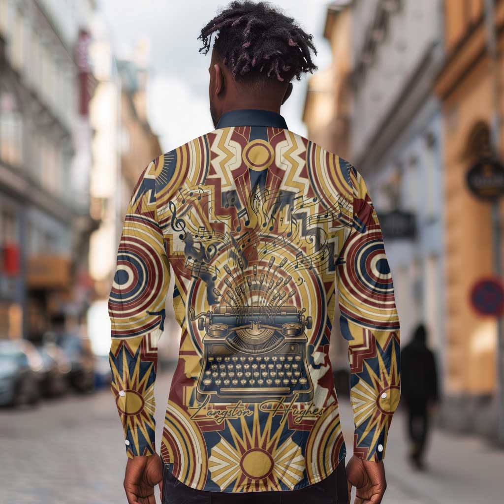 Langston Hughes Long Sleeve Button Shirt Vibrant Jazz Age Pattern - Typewriter and Silhouettes Celebration of Harlem Renaissance - African Pride