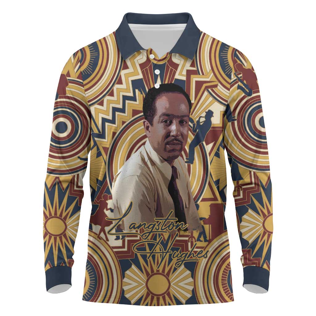 Langston Hughes Long Sleeve Polo Shirt Vibrant Jazz Age Pattern - Typewriter and Silhouettes Celebration of Harlem Renaissance - African Pride