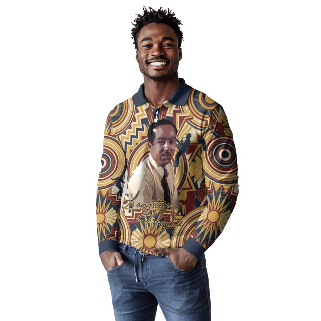 Langston Hughes Long Sleeve Polo Shirt Vibrant Jazz Age Pattern - Typewriter and Silhouettes Celebration of Harlem Renaissance - African Pride