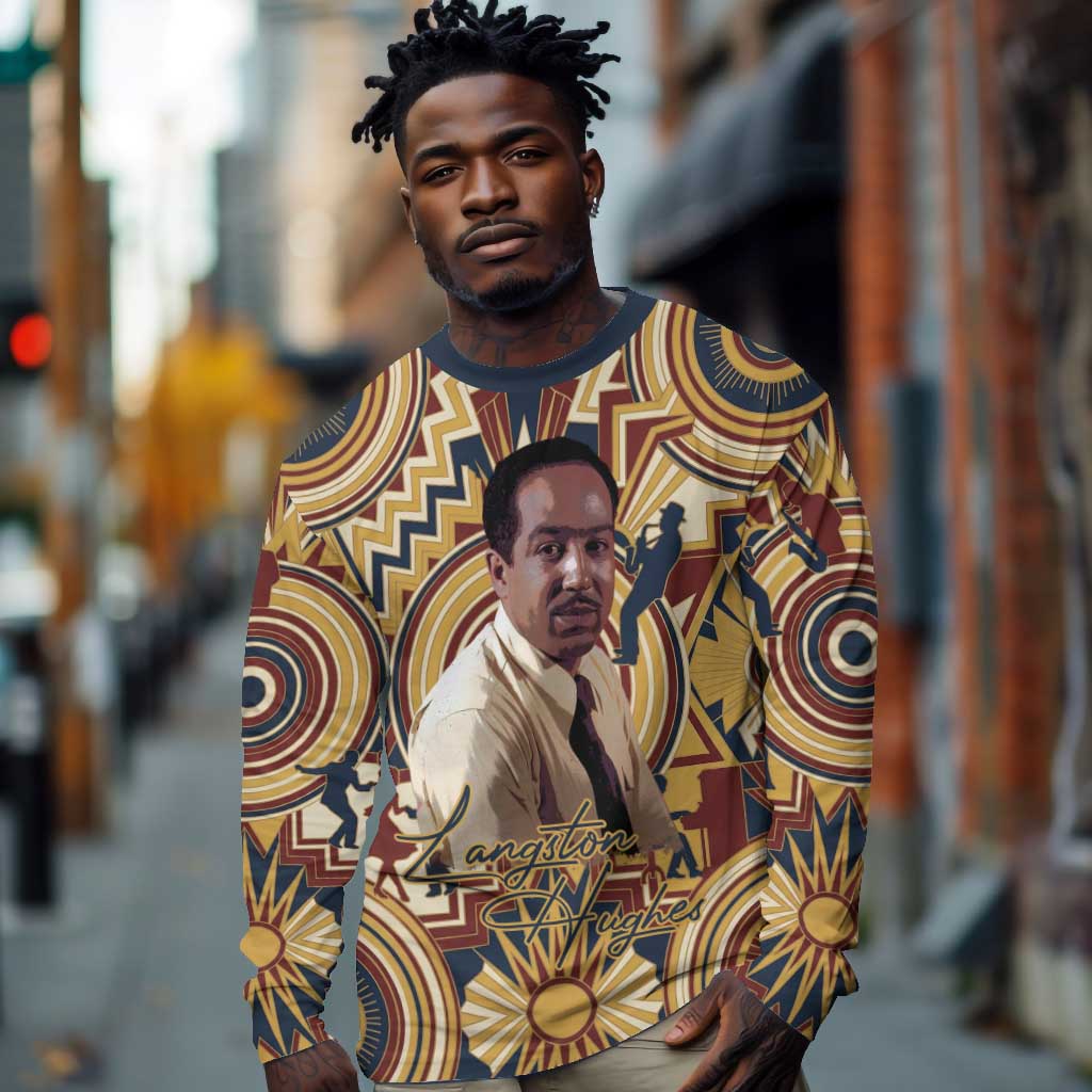 Langston Hughes Long Sleeve Shirt Vibrant Jazz Age Pattern - Typewriter and Silhouettes Celebration of Harlem Renaissance - African Pride