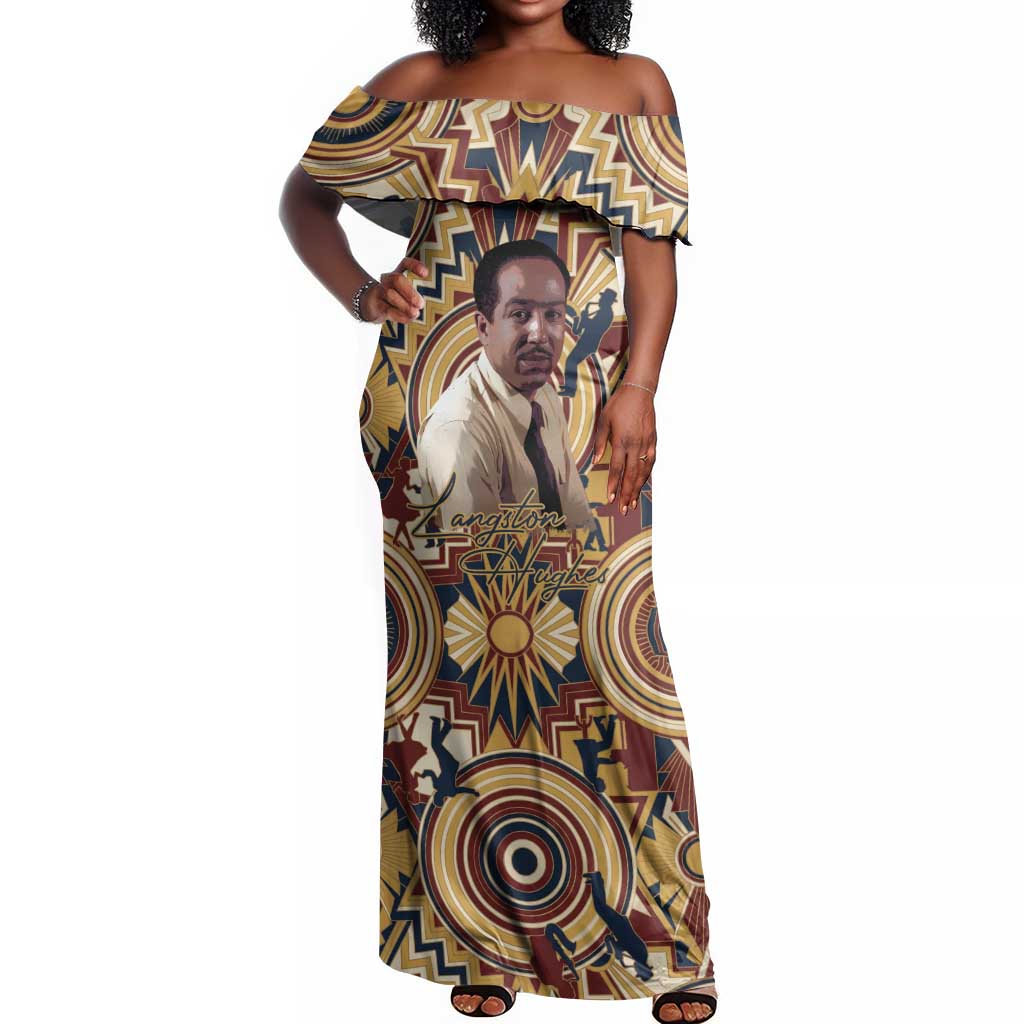 Langston Hughes Off Shoulder Maxi Dress Vibrant Jazz Age Pattern - Typewriter and Silhouettes Celebration of Harlem Renaissance - African Pride