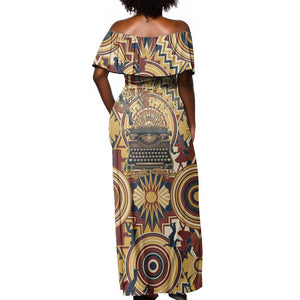 Langston Hughes Off Shoulder Maxi Dress Vibrant Jazz Age Pattern - Typewriter and Silhouettes Celebration of Harlem Renaissance - African Pride