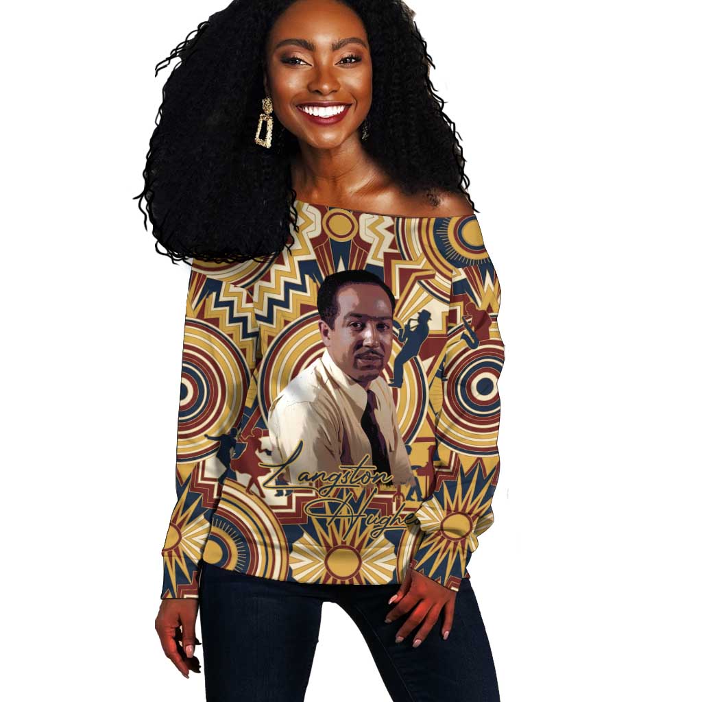 Langston Hughes Off Shoulder Sweater Vibrant Jazz Age Pattern - Typewriter and Silhouettes Celebration of Harlem Renaissance - African Pride