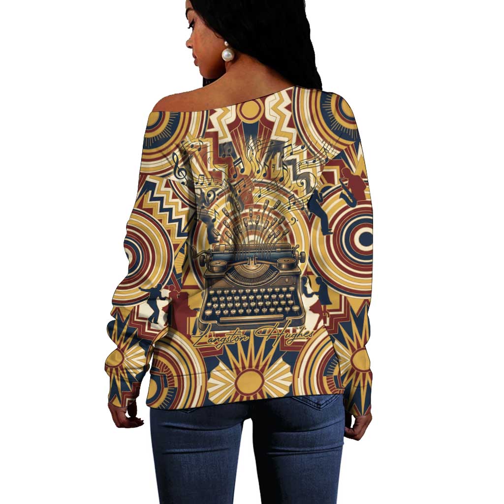 Langston Hughes Off Shoulder Sweater Vibrant Jazz Age Pattern - Typewriter and Silhouettes Celebration of Harlem Renaissance - African Pride