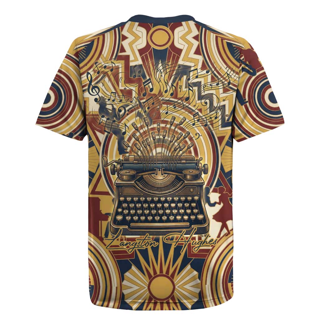 Langston Hughes Rugby Jersey Vibrant Jazz Age Pattern - Typewriter and Silhouettes Celebration of Harlem Renaissance - African Pride