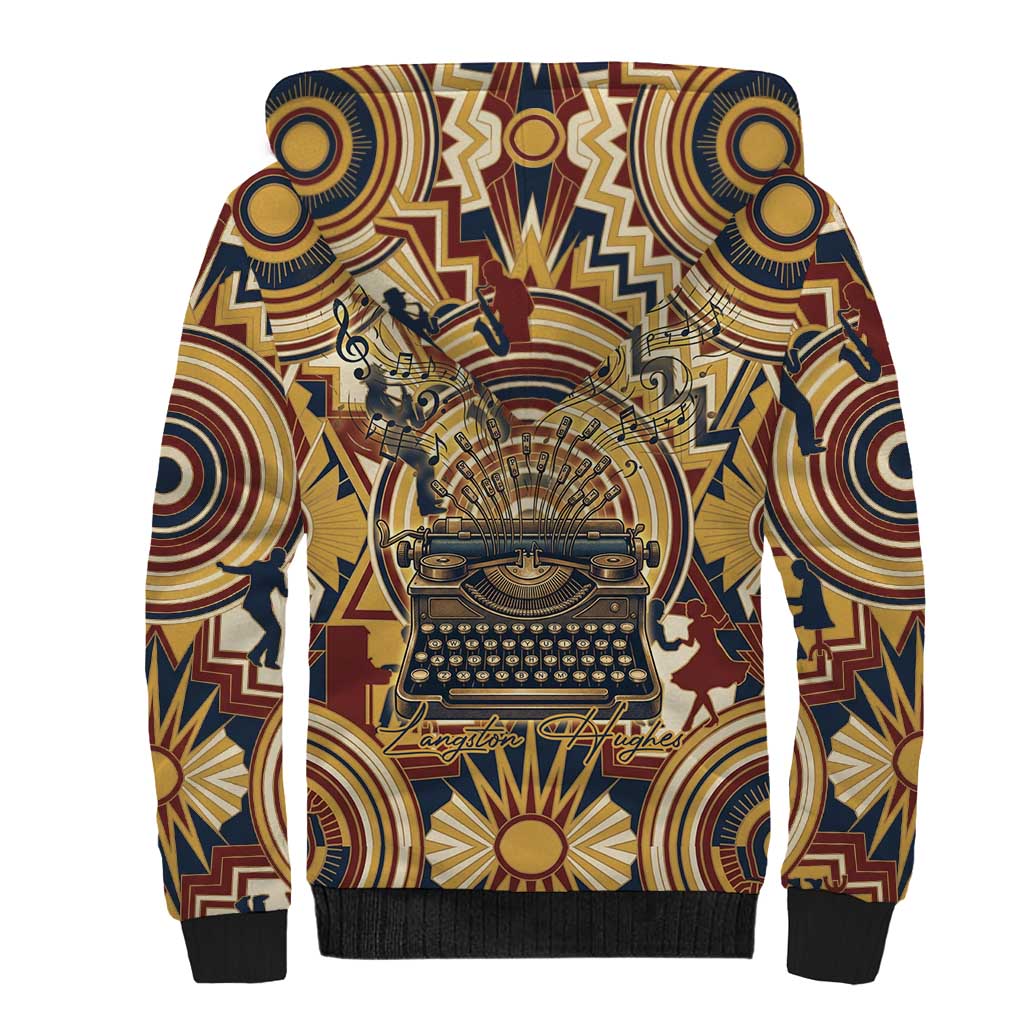 Langston Hughes Sherpa Hoodie Vibrant Jazz Age Pattern - Typewriter and Silhouettes Celebration of Harlem Renaissance - African Pride