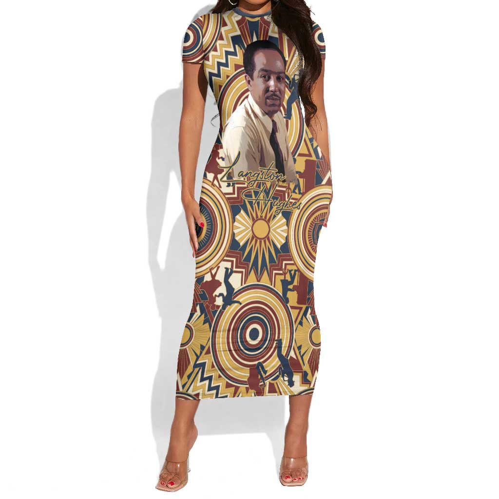 Langston Hughes Short Sleeve Bodycon Dress Vibrant Jazz Age Pattern - Typewriter and Silhouettes Celebration of Harlem Renaissance - African Pride