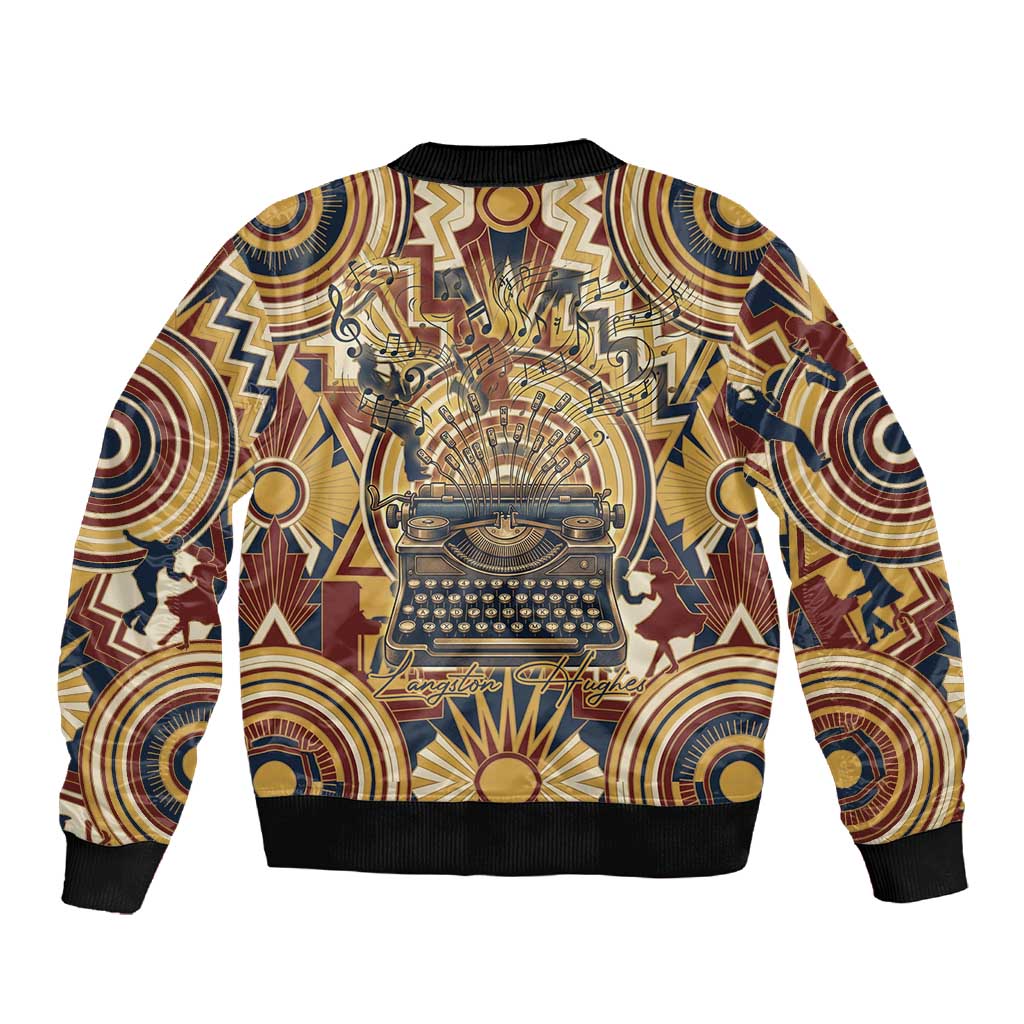 Langston Hughes Sleeve Zip Bomber Jacket Vibrant Jazz Age Pattern - Typewriter and Silhouettes Celebration of Harlem Renaissance - African Pride