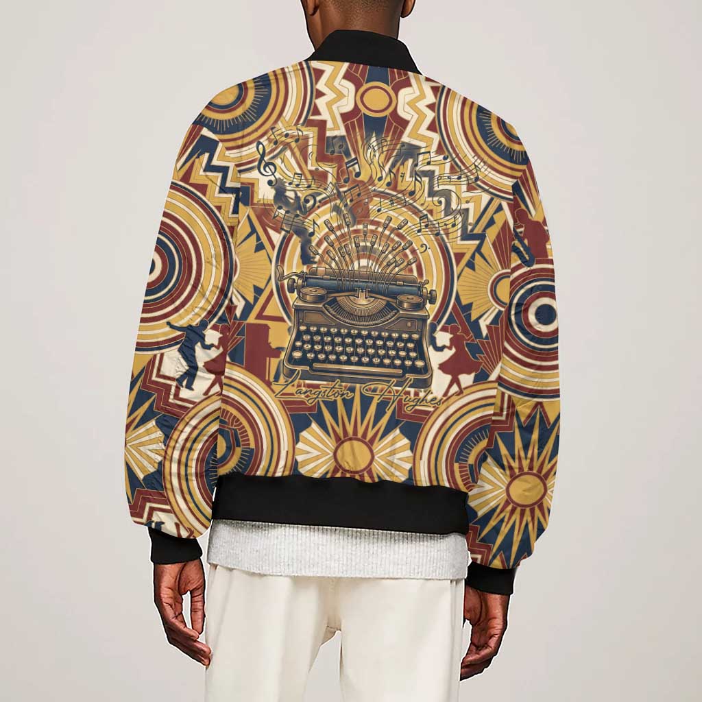 Langston Hughes Sleeve Zip Bomber Jacket Vibrant Jazz Age Pattern - Typewriter and Silhouettes Celebration of Harlem Renaissance - African Pride