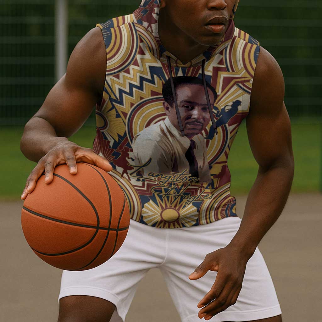 Langston Hughes Sleeveless Hoodie Vibrant Jazz Age Pattern - Typewriter and Silhouettes Celebration of Harlem Renaissance - African Pride