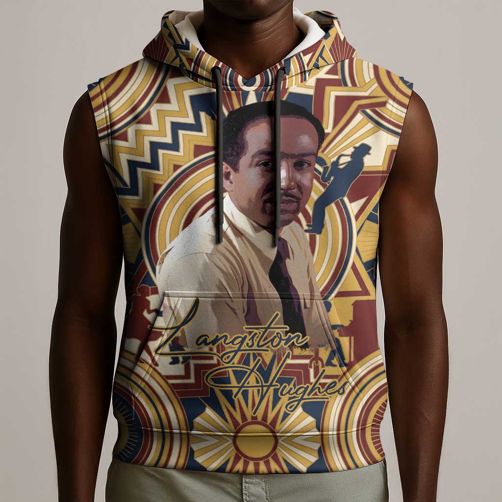 Langston Hughes Sleeveless Hoodie Vibrant Jazz Age Pattern - Typewriter and Silhouettes Celebration of Harlem Renaissance - African Pride