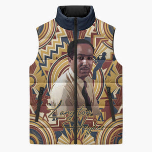 Langston Hughes Sleeveless Puffer Jacket Vibrant Jazz Age Pattern - Typewriter and Silhouettes Celebration of Harlem Renaissance - African Pride