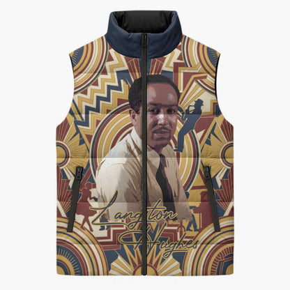 Langston Hughes Sleeveless Puffer Jacket Vibrant Jazz Age Pattern - Typewriter and Silhouettes Celebration of Harlem Renaissance - African Pride