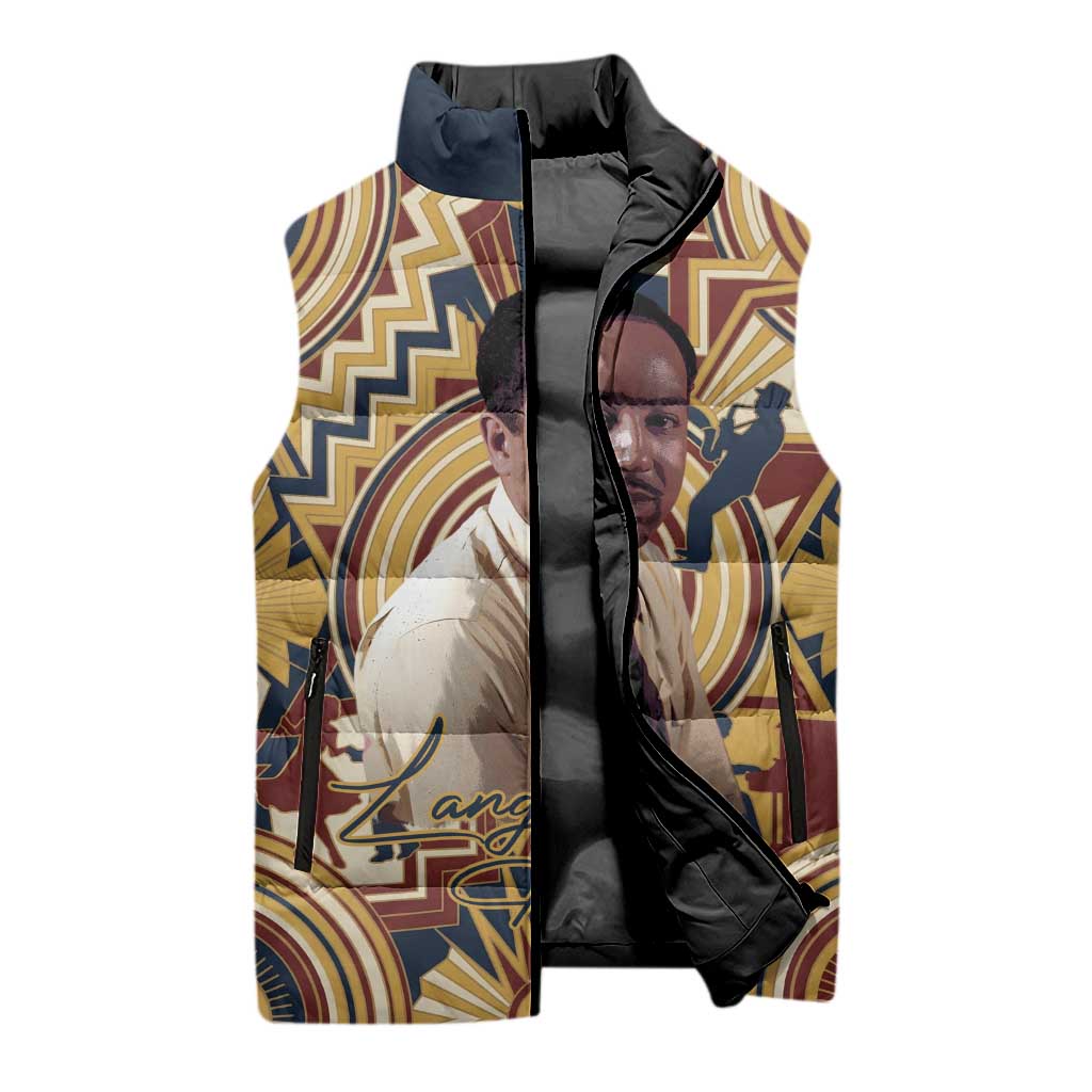 Langston Hughes Sleeveless Puffer Jacket Vibrant Jazz Age Pattern - Typewriter and Silhouettes Celebration of Harlem Renaissance - African Pride