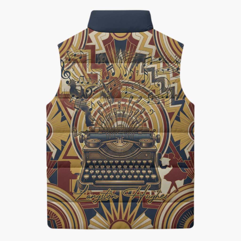 Langston Hughes Sleeveless Puffer Jacket Vibrant Jazz Age Pattern - Typewriter and Silhouettes Celebration of Harlem Renaissance - African Pride