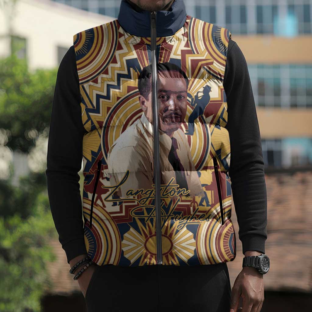 Langston Hughes Sleeveless Puffer Jacket Vibrant Jazz Age Pattern - Typewriter and Silhouettes Celebration of Harlem Renaissance - African Pride