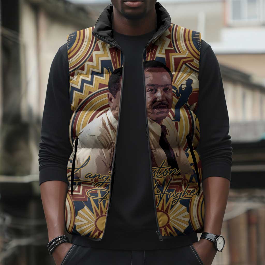 Langston Hughes Sleeveless Puffer Jacket Vibrant Jazz Age Pattern - Typewriter and Silhouettes Celebration of Harlem Renaissance - African Pride