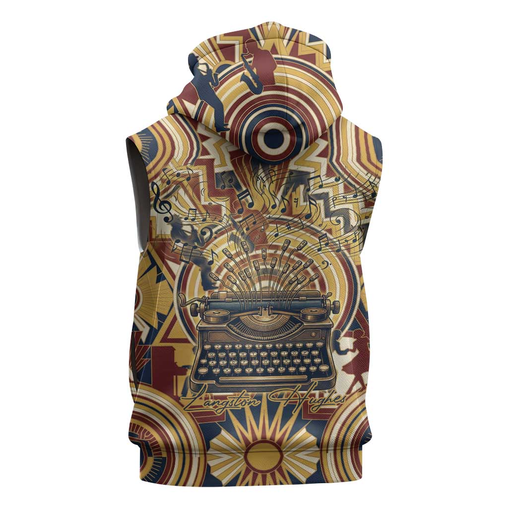 Langston Hughes Sleeveless Zip Hoodie Vibrant Jazz Age Pattern - Typewriter and Silhouettes Celebration of Harlem Renaissance - African Pride