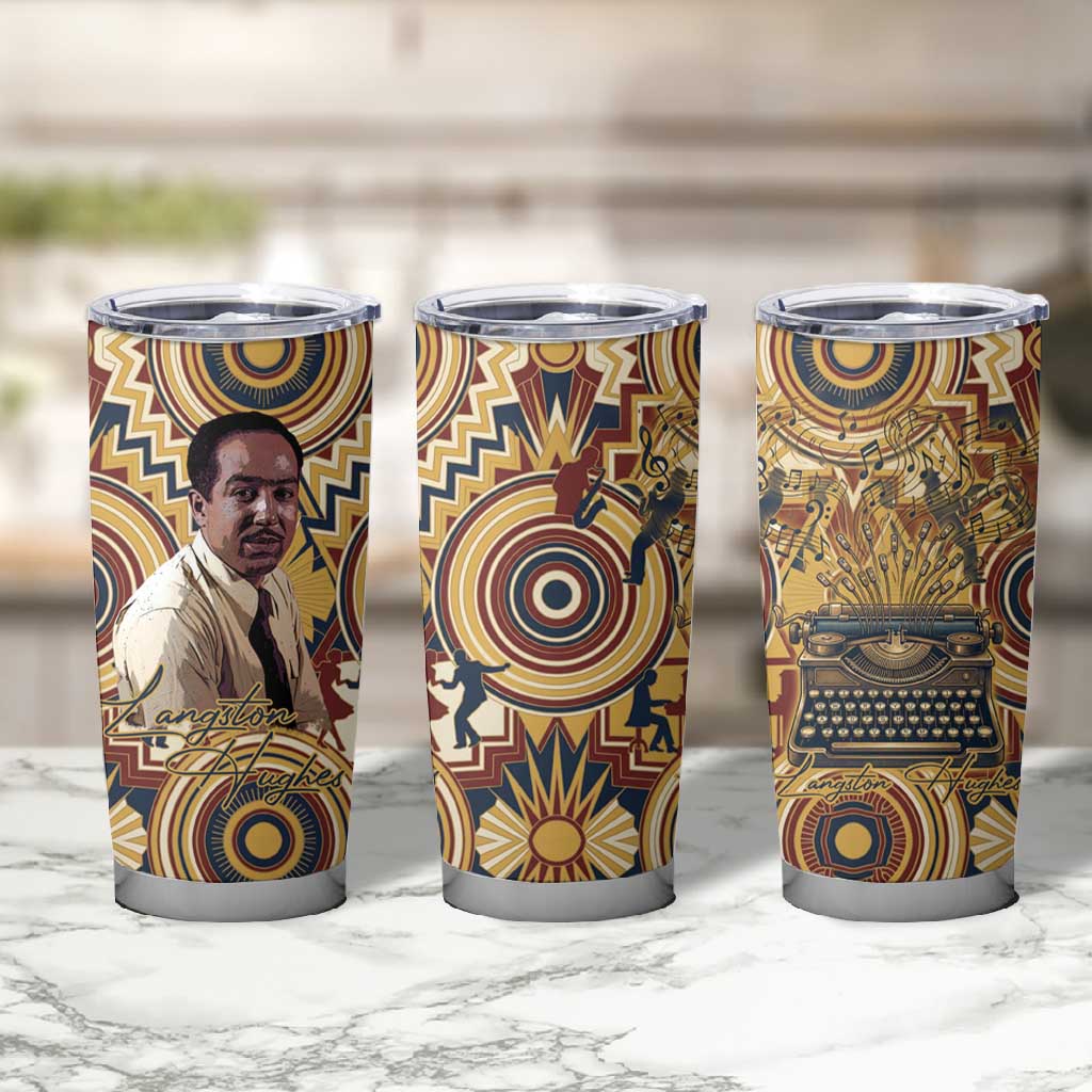 Langston Hughes Tumbler Cup Vibrant Jazz Age Pattern - Typewriter and Silhouettes Celebration of Harlem Renaissance - African Pride