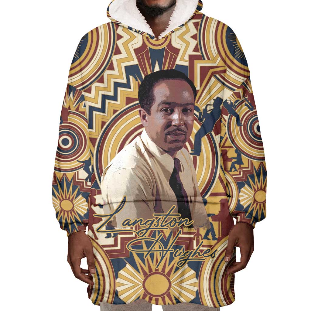 Langston Hughes Wearable Blanket Hoodie Vibrant Jazz Age Pattern - Typewriter and Silhouettes Celebration of Harlem Renaissance - African Pride