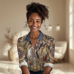 Langston Hughes Women Casual Shirt Vibrant Jazz Age Pattern - Typewriter and Silhouettes Celebration of Harlem Renaissance - African Pride