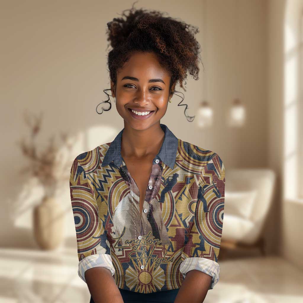 Langston Hughes Women Casual Shirt Vibrant Jazz Age Pattern - Typewriter and Silhouettes Celebration of Harlem Renaissance - African Pride