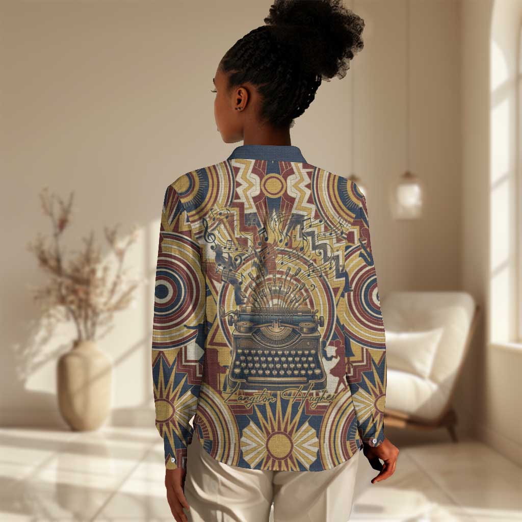 Langston Hughes Women Casual Shirt Vibrant Jazz Age Pattern - Typewriter and Silhouettes Celebration of Harlem Renaissance - African Pride