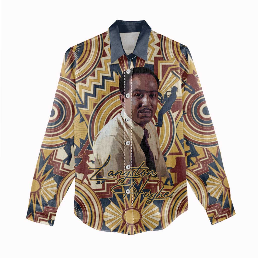 Langston Hughes Women Casual Shirt Vibrant Jazz Age Pattern - Typewriter and Silhouettes Celebration of Harlem Renaissance - African Pride