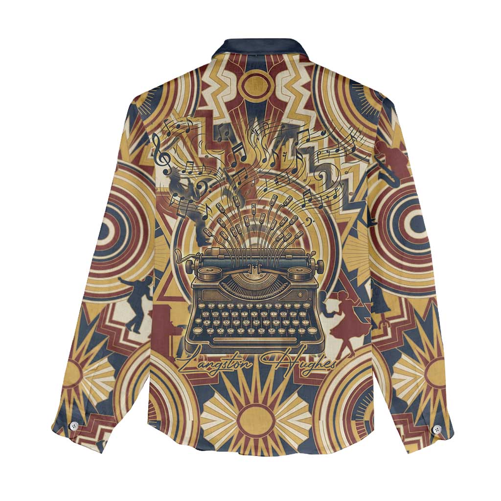 Langston Hughes Women Casual Shirt Vibrant Jazz Age Pattern - Typewriter and Silhouettes Celebration of Harlem Renaissance - African Pride