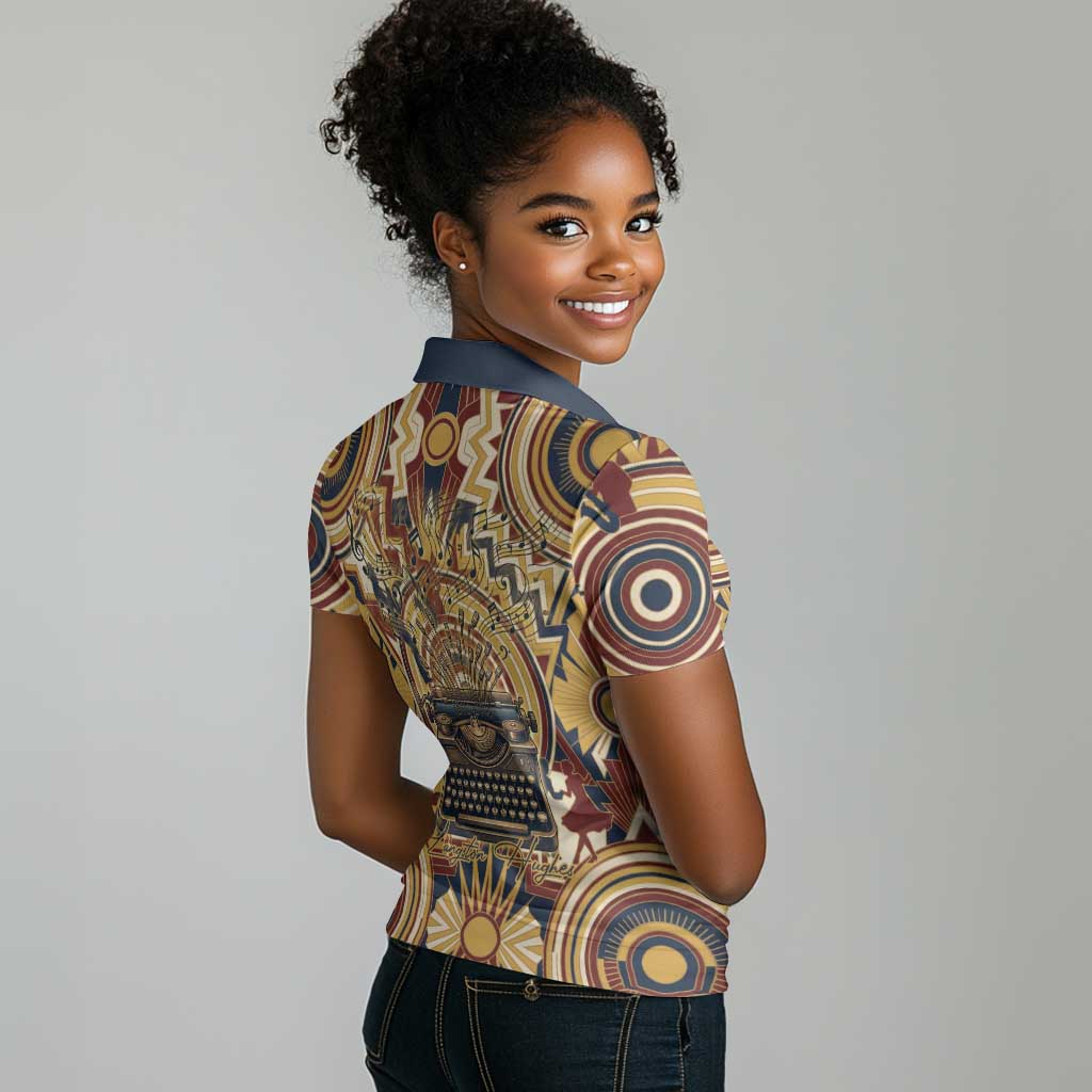 Langston Hughes Women Polo Shirt Vibrant Jazz Age Pattern - Typewriter and Silhouettes Celebration of Harlem Renaissance - African Pride