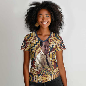Langston Hughes Women V-Neck T-Shirt Vibrant Jazz Age Pattern - Typewriter and Silhouettes Celebration of Harlem Renaissance - African Pride