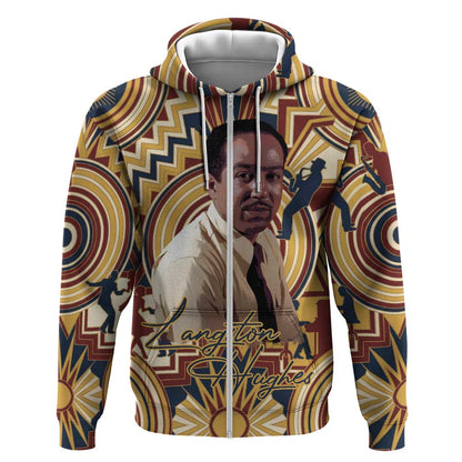 Langston Hughes Zip Hoodie Vibrant Jazz Age Pattern - Typewriter and Silhouettes Celebration of Harlem Renaissance - African Pride