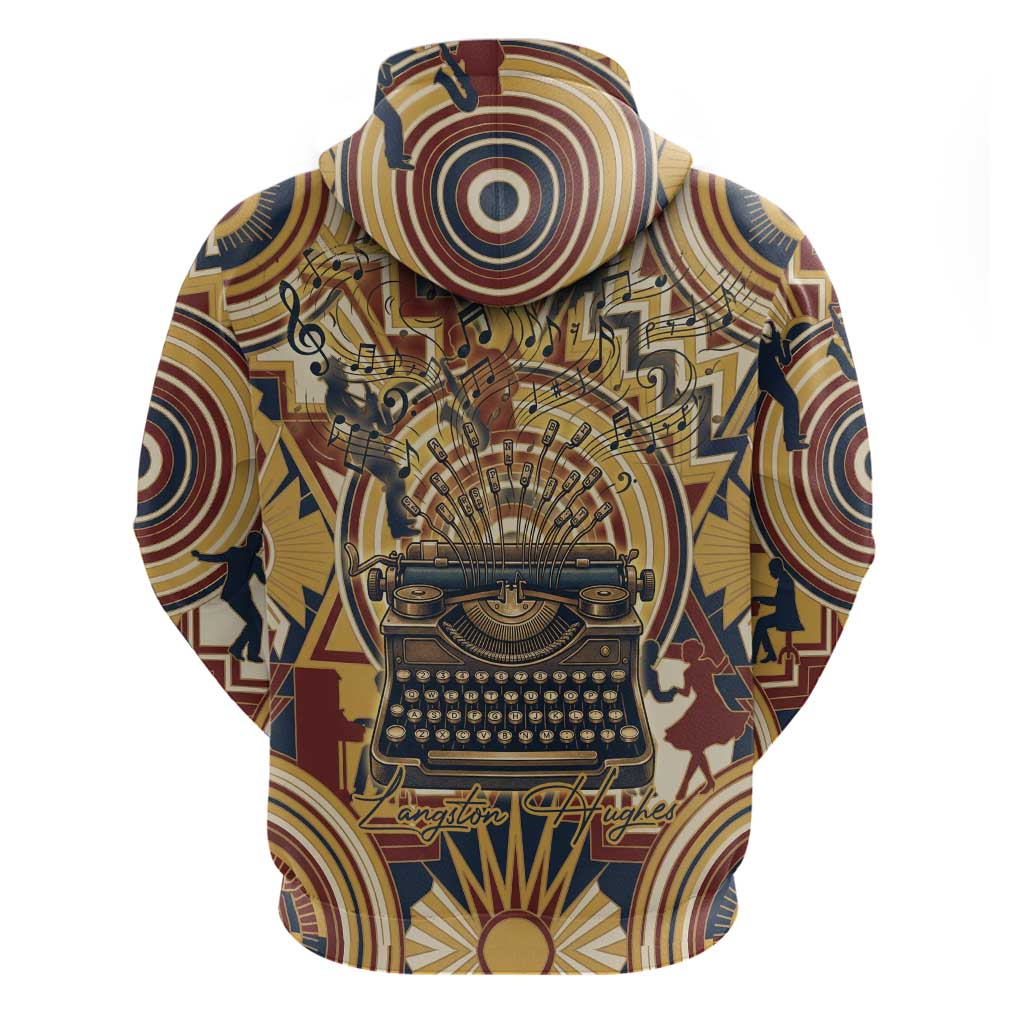 Langston Hughes Zip Hoodie Vibrant Jazz Age Pattern - Typewriter and Silhouettes Celebration of Harlem Renaissance - African Pride