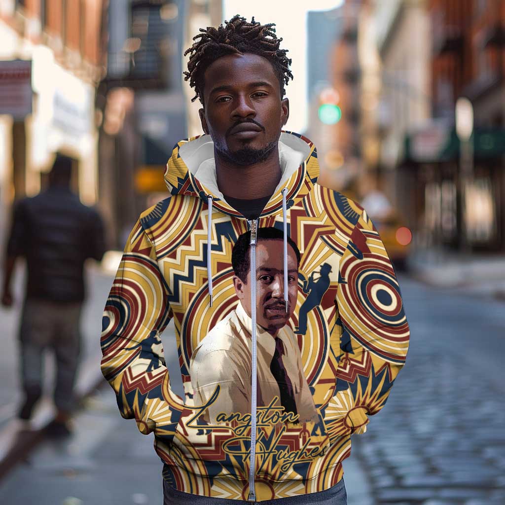 Langston Hughes Zip Hoodie Vibrant Jazz Age Pattern - Typewriter and Silhouettes Celebration of Harlem Renaissance - African Pride