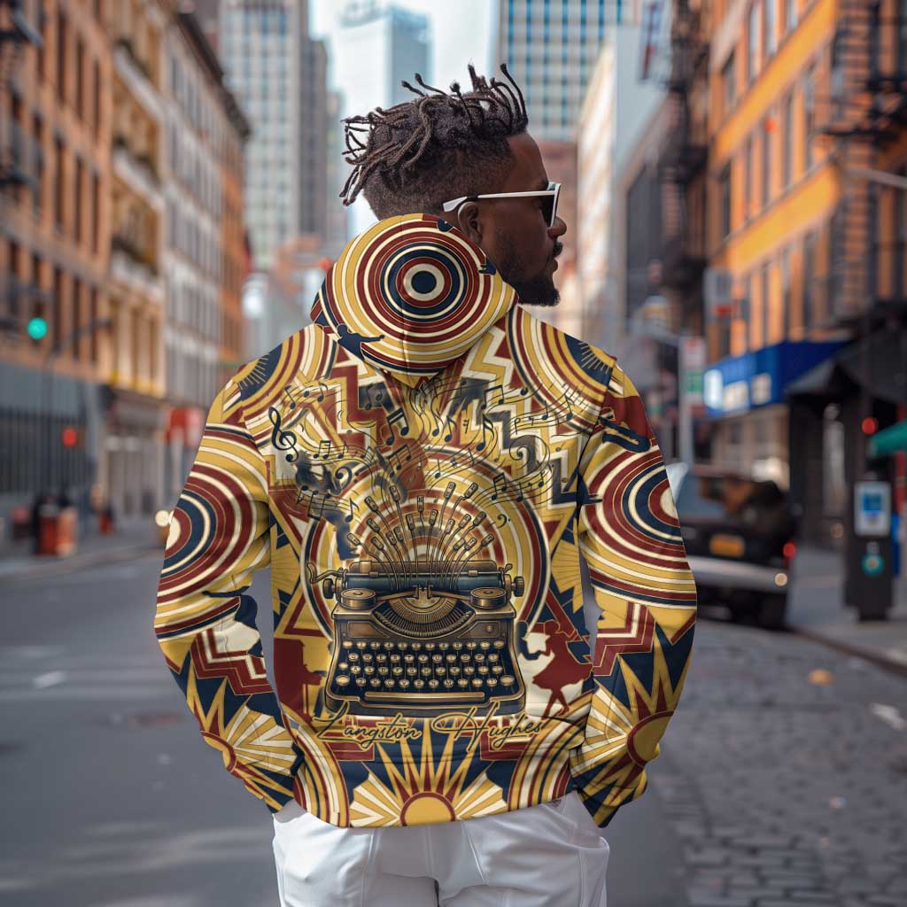 Langston Hughes Zip Hoodie Vibrant Jazz Age Pattern - Typewriter and Silhouettes Celebration of Harlem Renaissance - African Pride