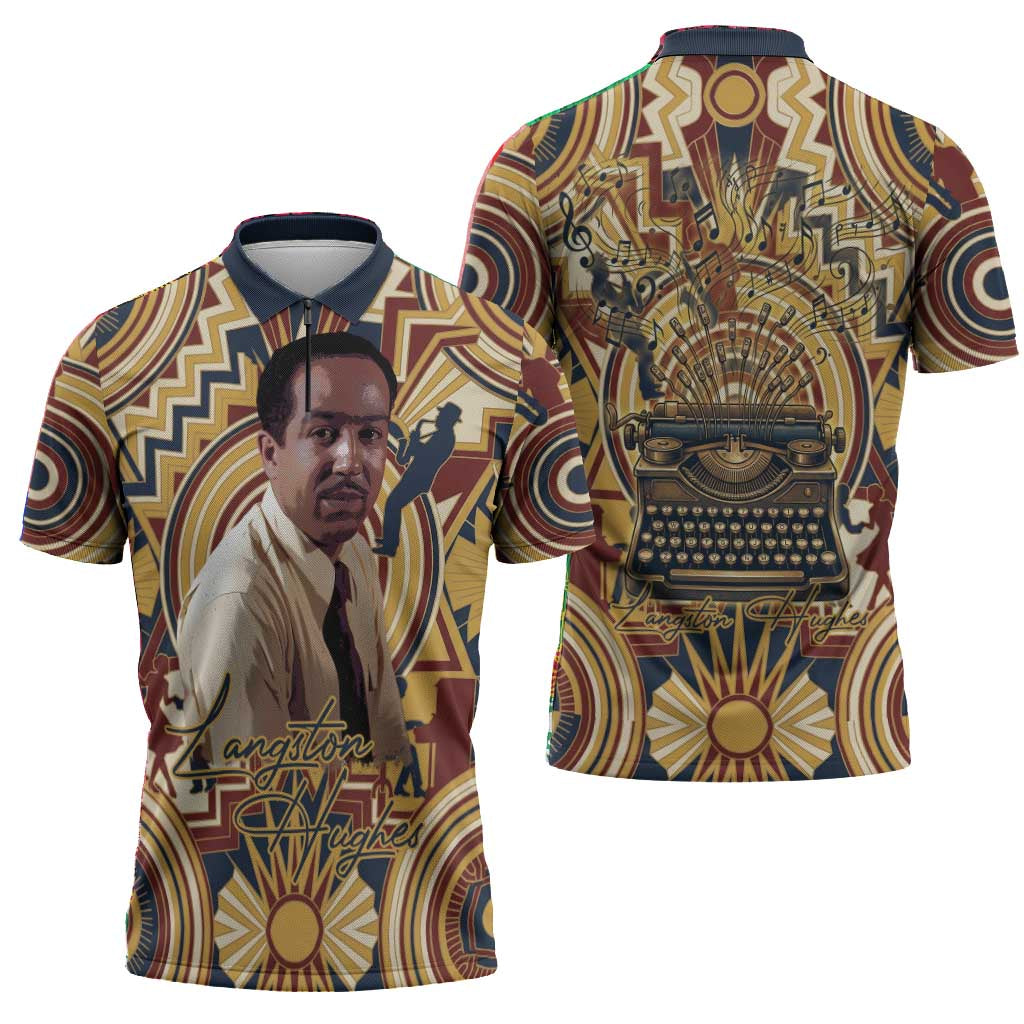Langston Hughes Zipper Polo Shirt Vibrant Jazz Age Pattern - Typewriter and Silhouettes Celebration of Harlem Renaissance - African Pride