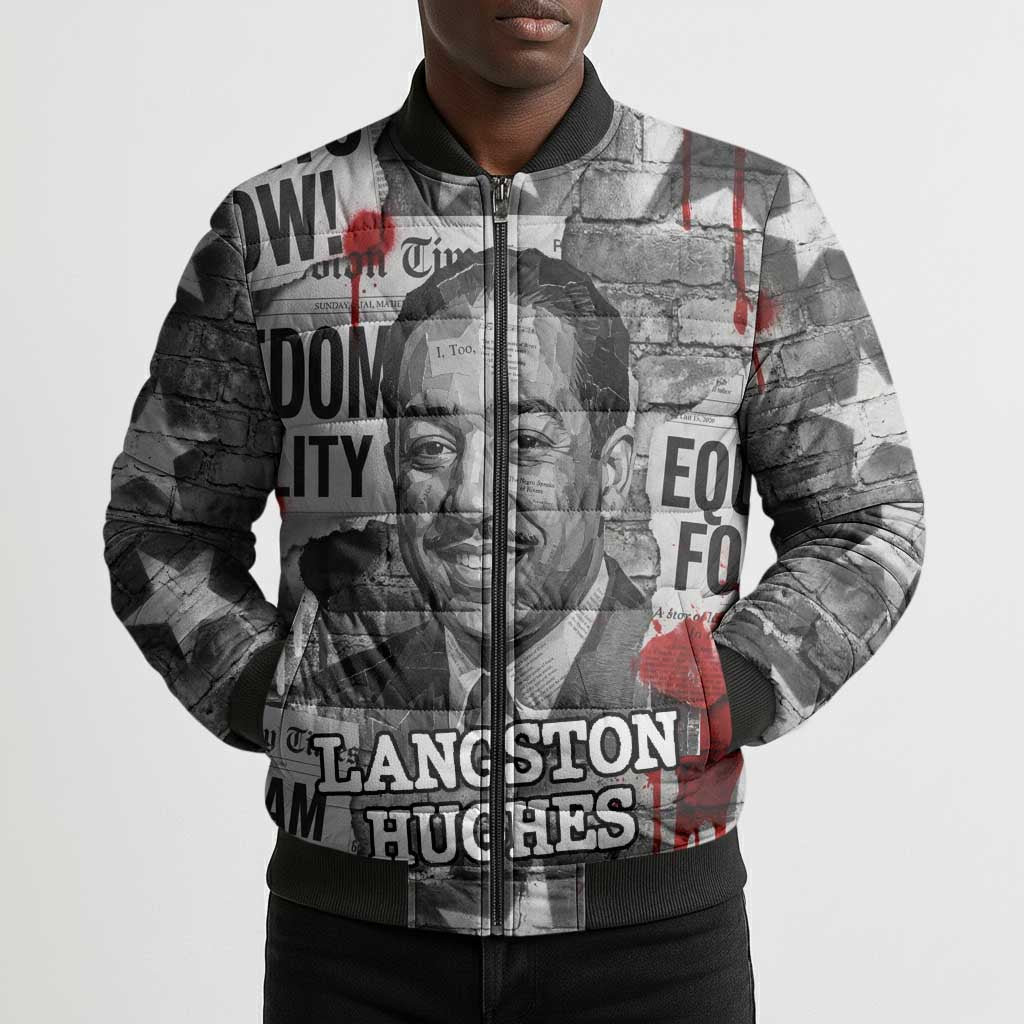 Langston Hughes Bomber Puffer Jacket Urban Brick Wall Design with Protest Art and Poetry Powerful Quotes - African Pride
