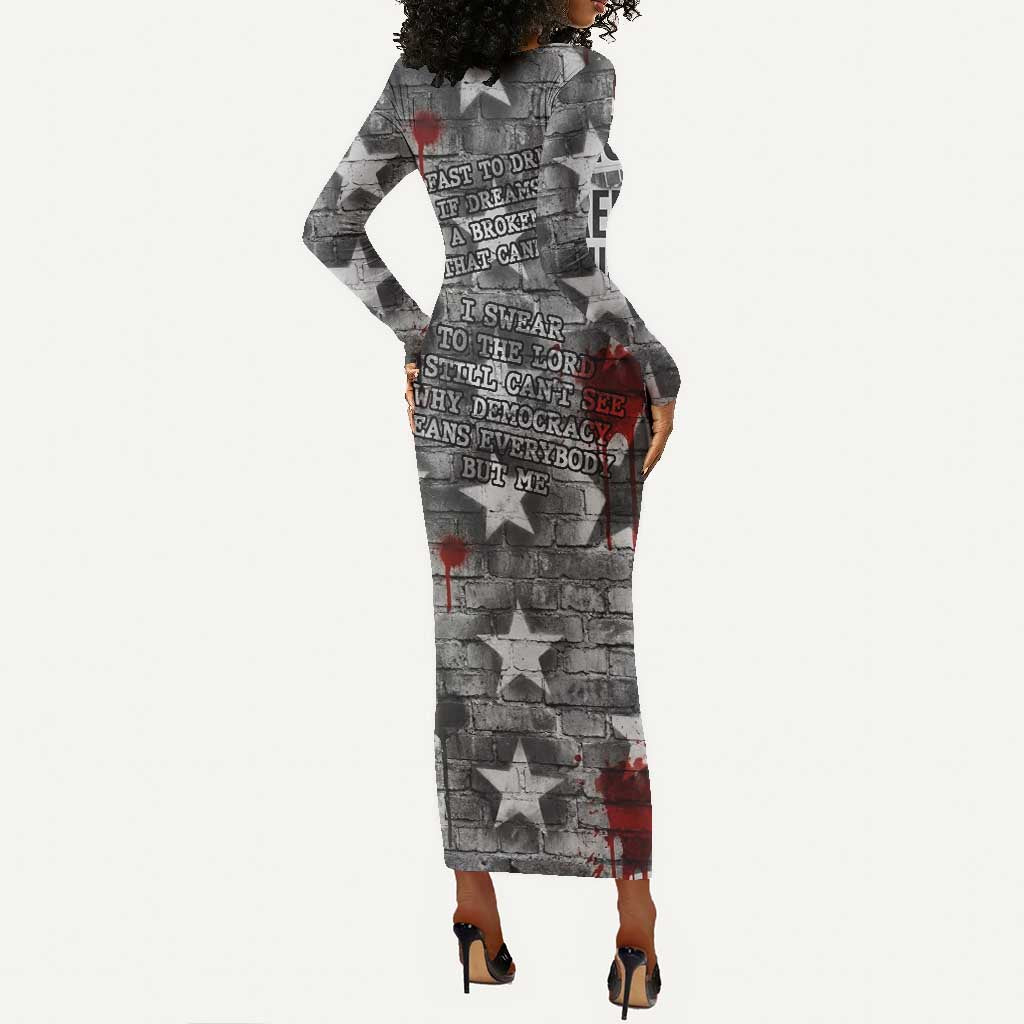 Langston Hughes Long Sleeve Bodycon Dress Urban Brick Wall Design with Protest Art and Poetry Powerful Quotes - African Pride