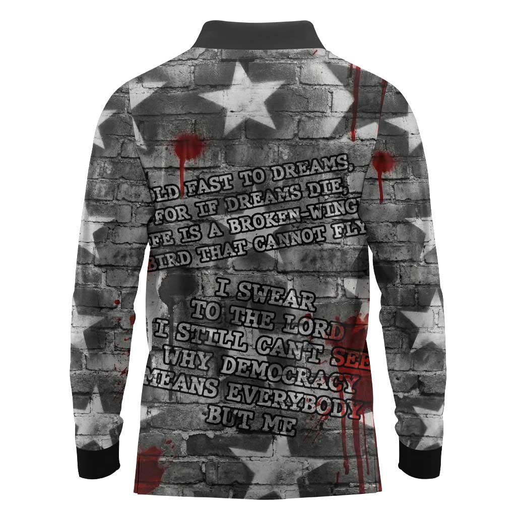 Langston Hughes Long Sleeve Polo Shirt Urban Brick Wall Design with Protest Art and Poetry Powerful Quotes - African Pride