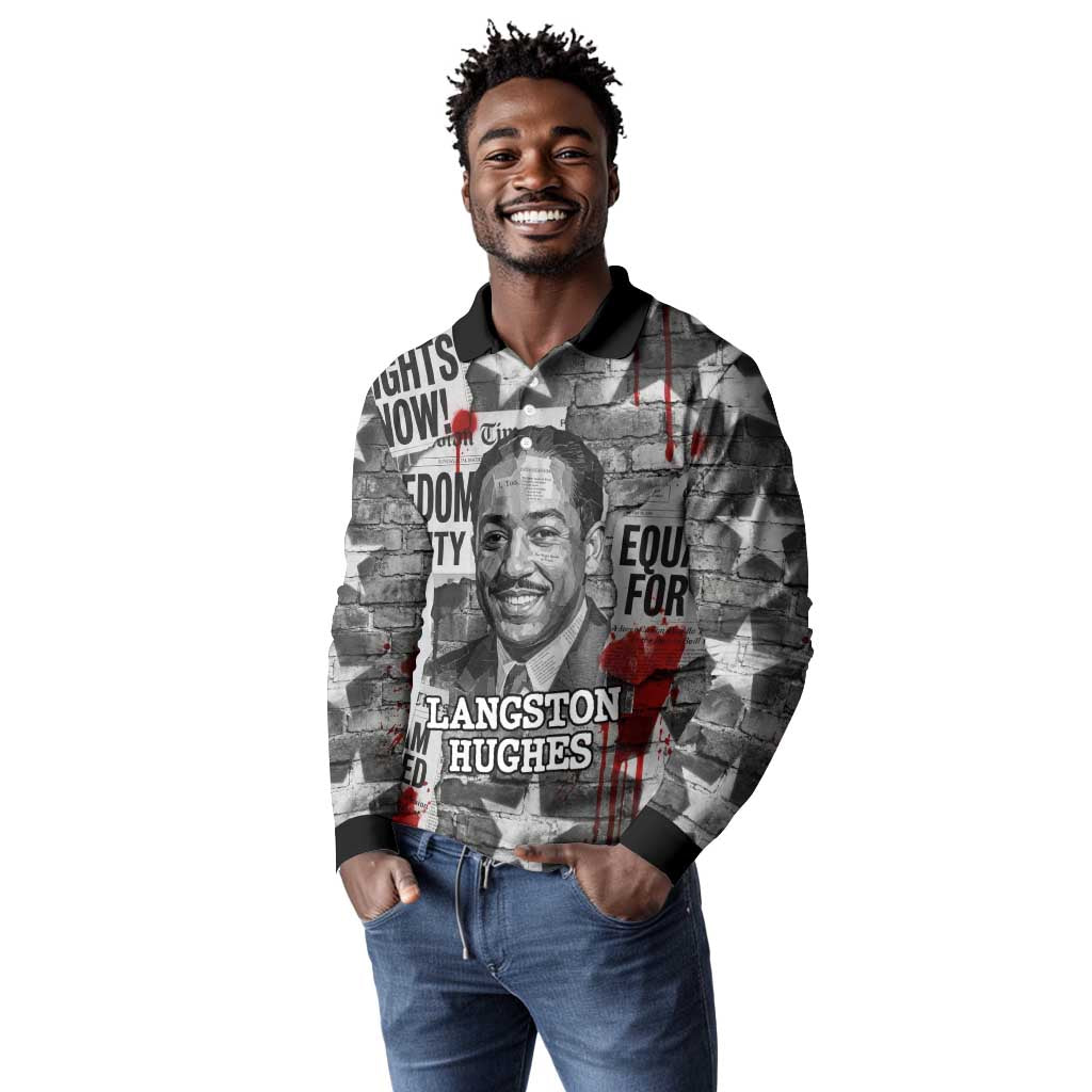 Langston Hughes Long Sleeve Polo Shirt Urban Brick Wall Design with Protest Art and Poetry Powerful Quotes - African Pride