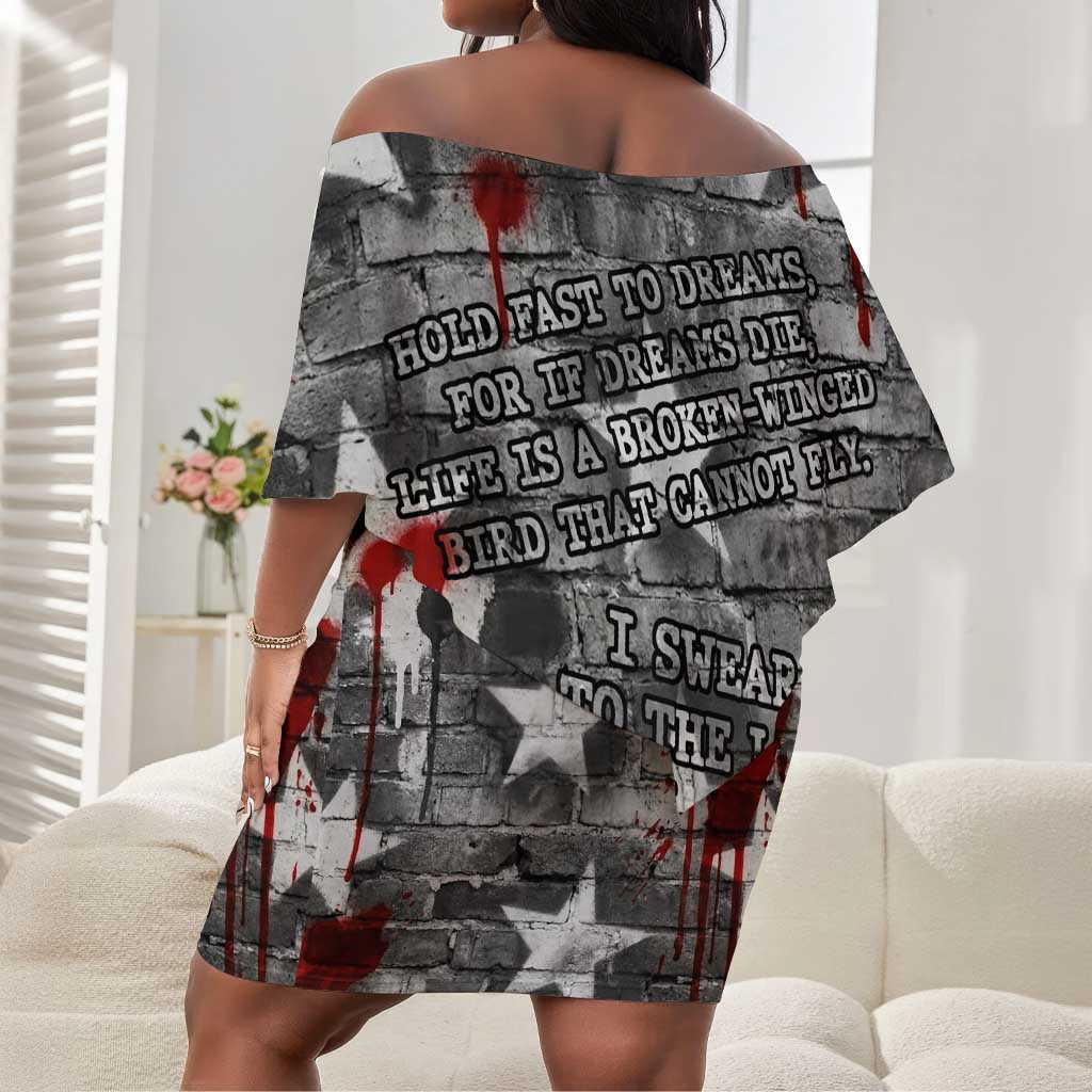 Langston Hughes Off Shoulder Short Dress Urban Brick Wall Design with Protest Art and Poetry Powerful Quotes - African Pride